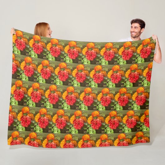 Sinaasappel en rode bloementuin fleece deken (In situ)