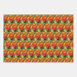 Sinaasappel en rode bloementuin inpakpapier vel