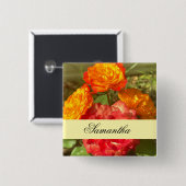 Sinaasappel en rode bloementuin vierkante button 5,1 cm (Voorkant /achterkant)