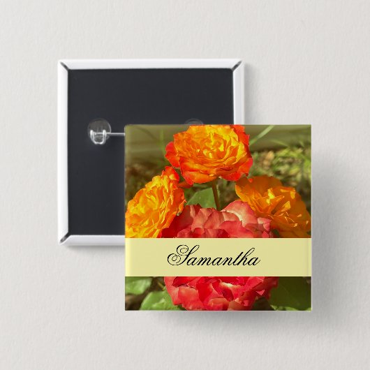 Sinaasappel en rode bloementuin vierkante button 5,1 cm (Voorkant /achterkant)