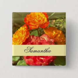 Sinaasappel en rode bloementuin vierkante button 5,1 cm