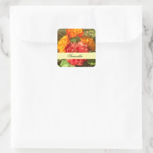 Sinaasappel en rode bloementuin vierkante sticker (Tas)