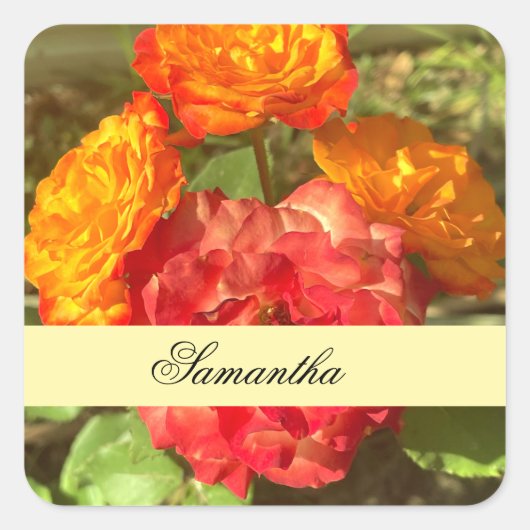 Sinaasappel en rode bloementuin vierkante sticker (Voorkant)