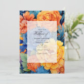 Sinaasappel en Royal Blue Floral bruiloft Kaart (Staand voorkant)