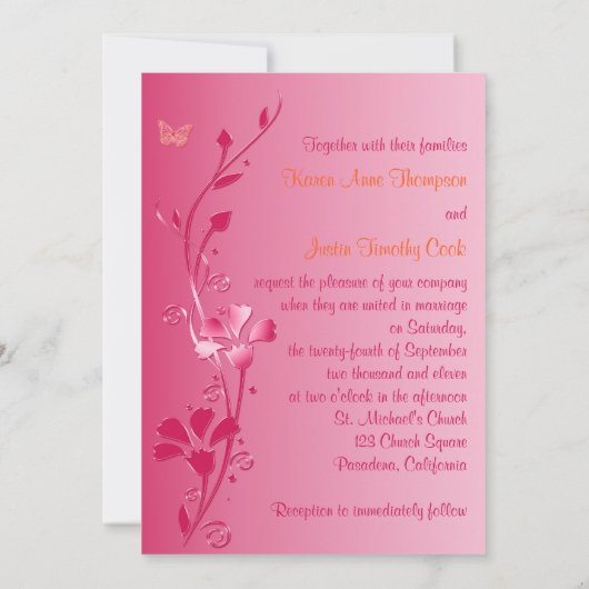 Sinaasappel en Roze Bloemen met Vlinders Nodig uit Kaart (Achterkant)