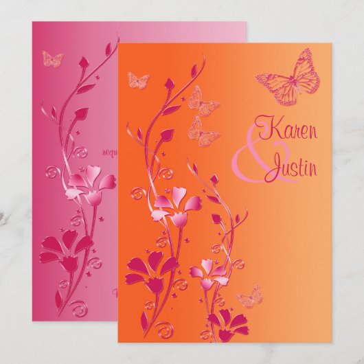 Sinaasappel en Roze Bloemen met Vlinders Nodig uit Kaart (Voorkant / Achterkant)