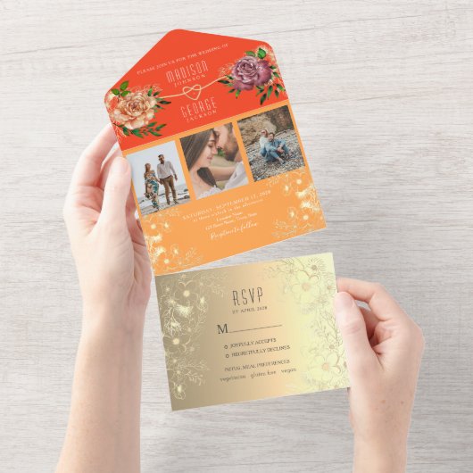 Sinaasappel en roze bloemenbruiloft all in one uitnodiging (Afscheurbaar)