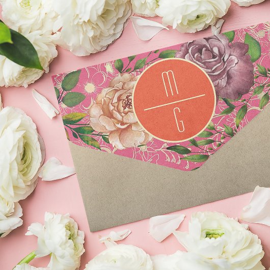 Sinaasappel en roze bloemenbruiloft all in one uitnodiging