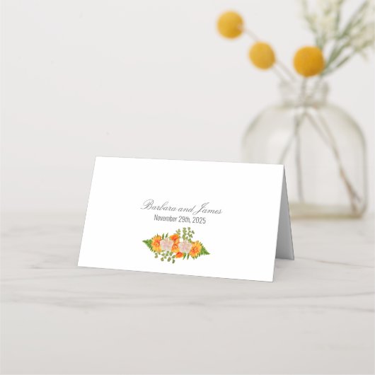 Sinaasappel en roze bloemenbruiloft plaatskaartje (Achterkant)