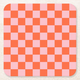 Sinaasappel en Roze Checkerboard Patroon Kartonnen Onderzetters