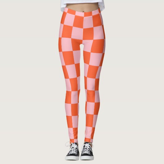 Sinaasappel en Roze Checkerboard Patroon Leggings (Voorkant)