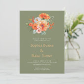 Sinaasappel en roze Floral Bouquet Green Wedding Kaart (Staand voorkant)