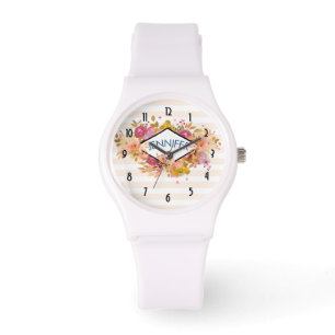 Sinaasappel en roze Floral Bouquet met diamant Lij Horloge