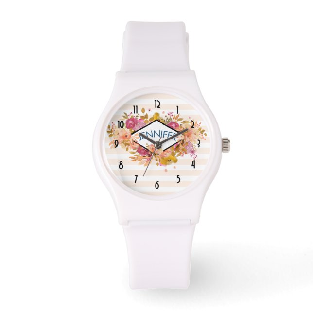Sinaasappel en roze Floral Bouquet met diamant Lij Horloge (Voorkant)