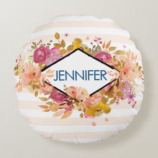 Sinaasappel en roze Floral Bouquet met diamant Lij Rond Kussen (Voorkant)