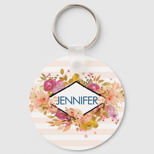 Sinaasappel en roze Floral Bouquet met diamant Lij Sleutelhanger (Voorkant)