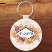 Sinaasappel en roze Floral Bouquet met diamant Lij Sleutelhanger (Voorkant)
