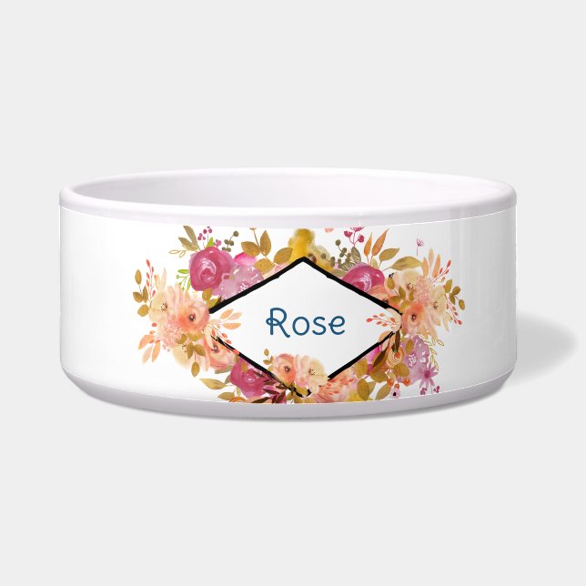 Sinaasappel en roze Floral Bouquet met diamant Lij Voerbakje (Voorkant)