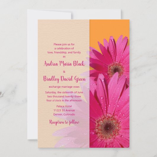 Sinaasappel en roze Gerbera Daisy Wedding Invitati Kaart (Voorkant)
