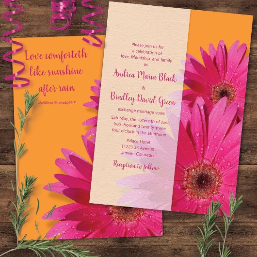 Sinaasappel en roze Gerbera Daisy Wedding Invitati Kaart