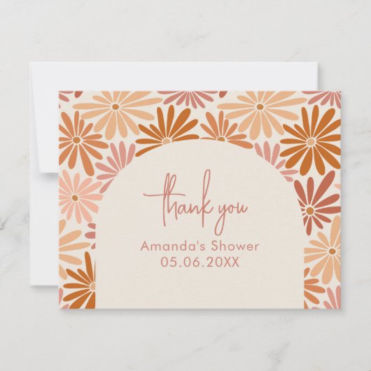 Sinaasappel en Roze Retro Bloemen Groovy Baby Flat Bedankkaart (Voorkant)