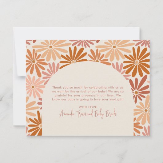 Sinaasappel en Roze Retro Bloemen Groovy Baby Flat Bedankkaart (Achterkant)