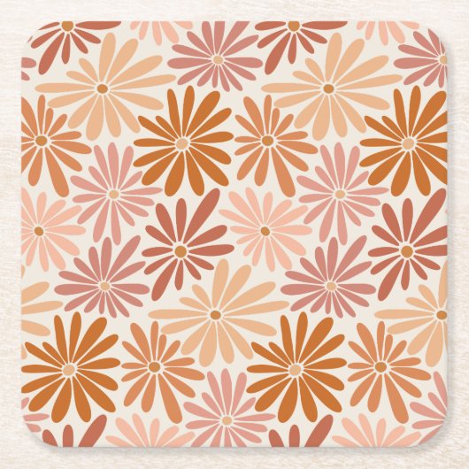 Sinaasappel en Roze Retro Bloemen Groovy Kartonnen Onderzetters (Voorkant)