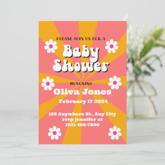 Sinaasappel en roze roovy Retro Baby shower Save The Date (Staand voorkant)