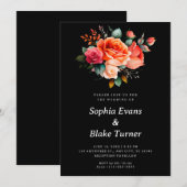 Sinaasappel en roze rozen BlackFloral Wedding Kaart (Voorkant / Achterkant)