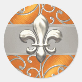 Sinaasappel en Silver Filigree Swirls Fleur de Lis Ronde Sticker