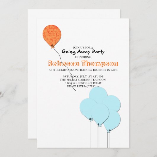 Sinaasappel en turkoois blauwe ballonnen afscheids kaart (Voorkant / Achterkant)