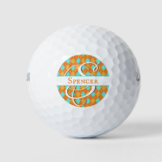 Sinaasappel en Turquoise Argyle Preppy Classy Golf Golfballen (Voorkant)