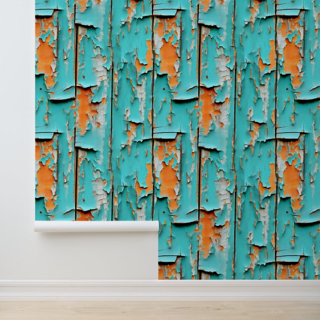 Sinaasappel en turquoise blauw verweerd hout behang (Applicatie)