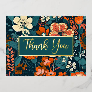 Sinaasappel en Turquoise Bloemen Folie Dank u Uitnodiging Briefkaart