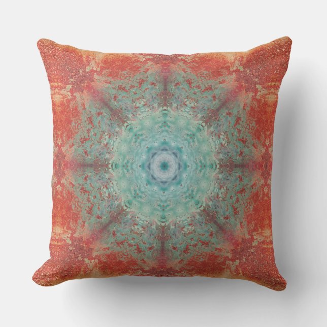 Sinaasappel en turquoise mandala ingewikkeld Abstr Buitenkussen (Voorkant)