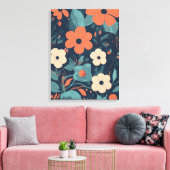 Sinaasappel en wit bloemmotief op marineblauwe rug canvas afdruk (Insitu (Woonkamer))
