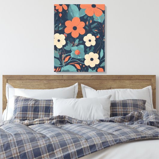 Sinaasappel en wit bloemmotief op marineblauwe rug canvas afdruk (Insitu (Slaapkamer))