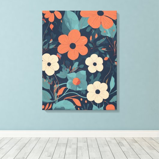 Sinaasappel en wit bloemmotief op marineblauwe rug canvas afdruk (Insitu (Houten vloer))