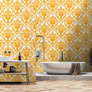 Sinaasappel en Wit Damask Bloemschil en stok Behang