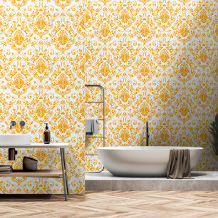 Sinaasappel en Wit Damask Bloemschil en stok Behang