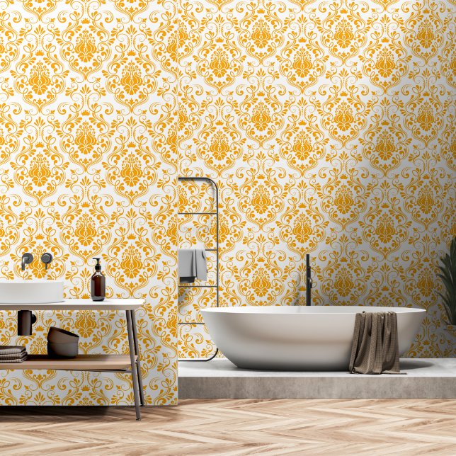Sinaasappel en Wit Damask Bloemschil en stok Behang (Badkamer)