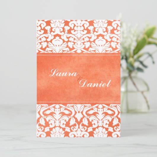 Sinaasappel en wit Damask bruiloft uitnodigen Kaart (Staand voorkant)