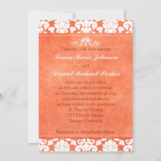 Sinaasappel en wit Damask bruiloft uitnodigen Kaart (Achterkant)