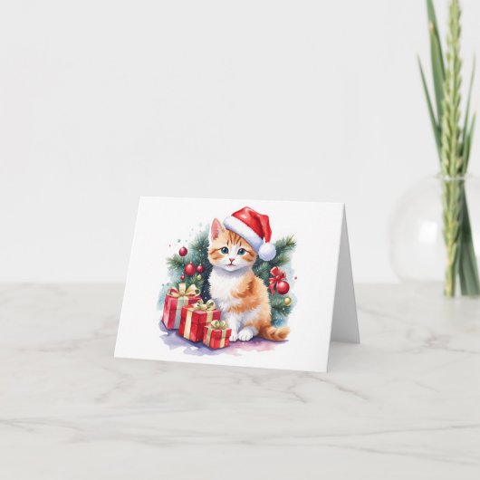 Sinaasappel en wit Santa Kitten met Cadeaus BLANK Feestdagen Kaart (Voorkant)