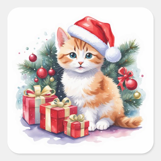Sinaasappel en wit Santa Kitten met Cadeaus Vierkante Sticker (Voorkant)