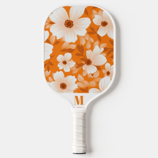 Sinaasappel en Witte Bloem Modern Monogram Pickleball Paddle (Voorkant)
