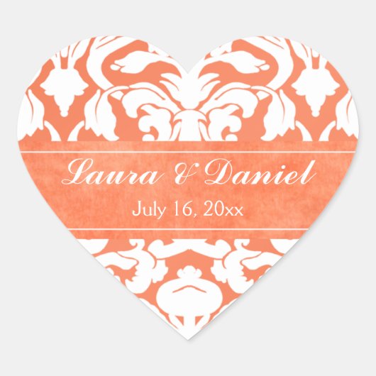 Sinaasappel en Witte Damask 1.5"HuwelijksSticker Hart Sticker (Voorkant)