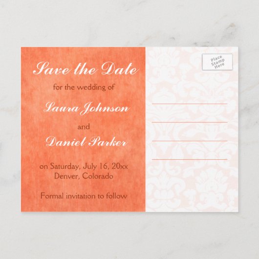 Sinaasappel en Witte Damask Sla de Datum Kaart op (Achterkant)