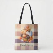 Sinaasappel en Witte Pompoenen Bruin Plaid Hallowe Tote Bag (Voorkant)