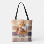 Sinaasappel en Witte Pompoenen Bruin Plaid Hallowe Tote Bag (Achterkant)